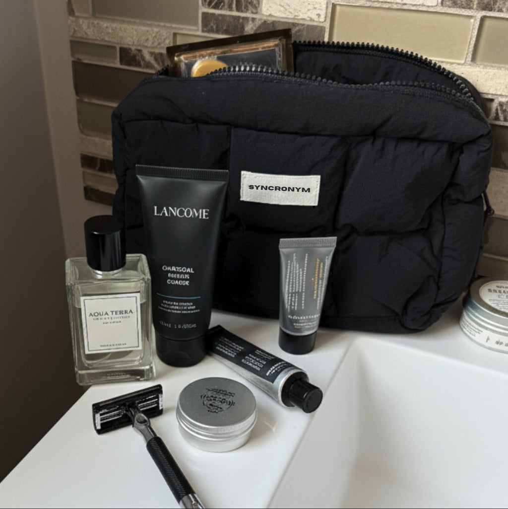 men's Cosmetic bag with skincare products on a bathroom counter