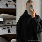 oversized black minimal embroidery hoodie for everyday wear - mirror selfie